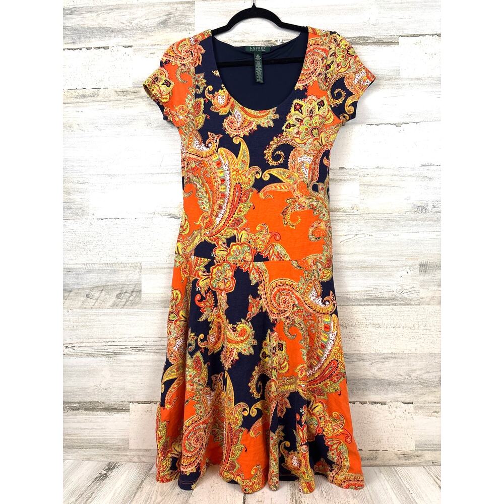 Lauren Ralph Lauren Womens M Blue Orange Royal Paisley Viscose Drop Midi Dress